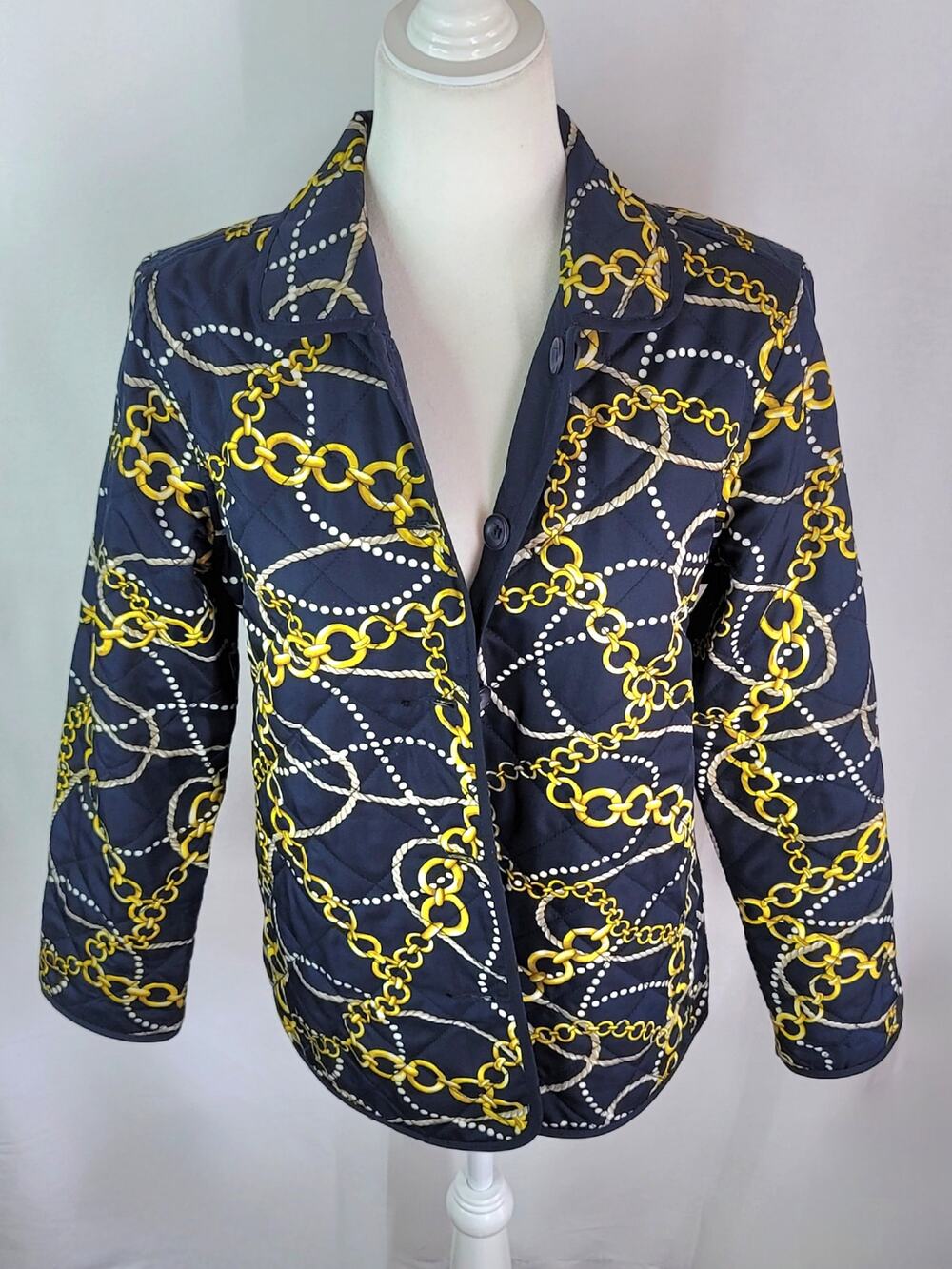 Vtg KORET Y2K Navy Blue Gold Chains & Pearls Lightweight Quilted Jacket Size S